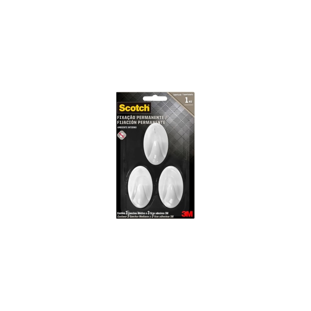 GANCHO PLASTICO 3M SCOTCH C/3 MEDIO 1K BCO/TRANSP